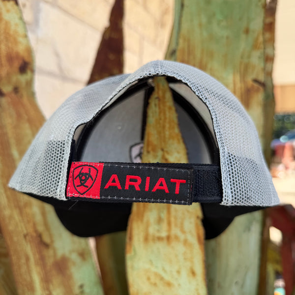 A light gray mesh-back trucker cap shown from the back, featuring a black and red Ariat brand patch on the back strap