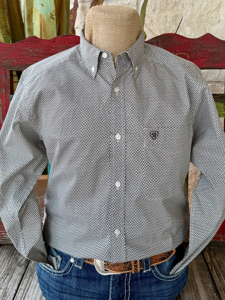Men’s Ariat Brendon Fitted Button-Down Shirt in black print, modern fitted cut, with durable cotton blend fabric - 10062205. Available at Blair's Western Wear, Marble Falls, TX.