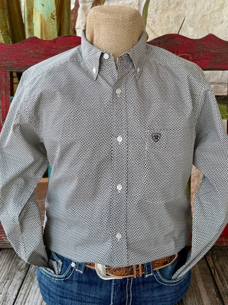 Men’s Ariat Brendon Fitted Button-Down Shirt in black print, modern fitted cut, with durable cotton blend fabric - 10062205. Available at Blair's Western Wear, Marble Falls, TX.