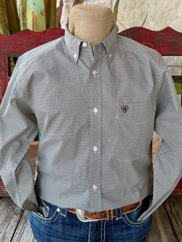 Men’s Ariat Brendon Fitted Button-Down Shirt in black print, modern fitted cut, with durable cotton blend fabric - 10062205. Available at Blair's Western Wear, Marble Falls, TX.