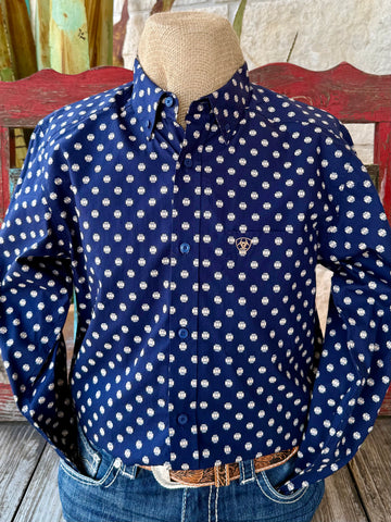Men’s Ariat button-down Aztec print shirt in navy and tan, made from breathable cotton, with an embroidered logo chest pocket – 10062246. Available at Blair's Western Wear, Marble Falls, TX.