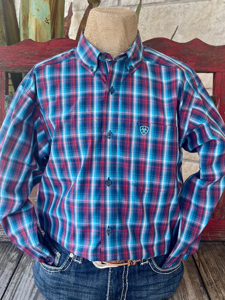 Men’s Ariat Plaid Button-Down Shirt in Turquoise/Red, made with moisture-wicking fabric, with a flexible fit that moves with you - 10058976. Available at Blair's Western Wear, Marble Falls, TX.