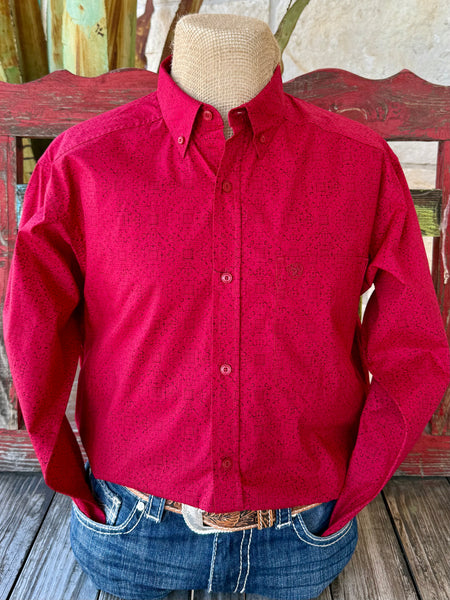 Men’s Ariat button-down print shirt in red with black geometric pattern, breathable cotton comfort, and adjustable cuffs – 10065853. Available at Blair’s Western Wear, Marble Falls, TX.
