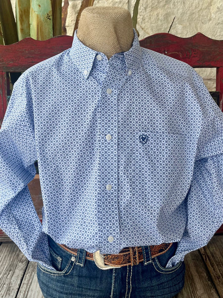 Men’s Ariat Button-Down Shirt in Light Blue/White Print, wrinkle-resistant cotton build for a polished look, with hidden pen slot in chest pocket – 10058952. Available at Blair's Western Wear, Marble Falls, TX.