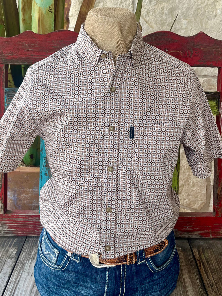 Men’s Ariat Shirt Short Sleeve Button-Up in Tan, Lightweight cotton fabric for warm weather comfort, with modern slim fit for a clean silhouette – 10058982. Available at Blair's Western Wear, Marble Falls, TX.