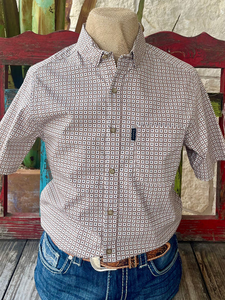 Men’s Ariat Shirt Short Sleeve Button-Up in Tan, Lightweight cotton fabric for warm weather comfort, with modern slim fit for a clean silhouette – 10058982. Available at Blair's Western Wear, Marble Falls, TX.