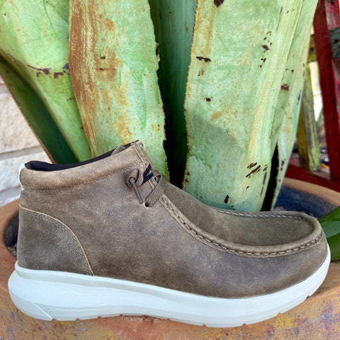 Men’s Ariat casual shoe mid-top Hilo in Brown Bomber leather, featuring a cushioned FLX Foam midsole, with easy-adjust stretch laces for quick on/off – 10063972. Available at Blair's Western Wear, Marble Falls, TX.