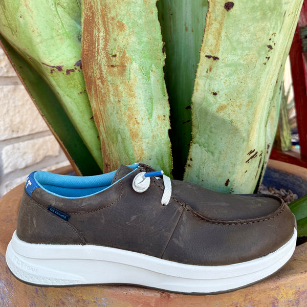 Men’s Ariat casual shoe in dark brown with waterproof leather upper and FLX Foam cushioning, featuring a slip-resistant Duratread outsole — 10053820. Available at Blair's Western Wear, Marble Falls, TX.