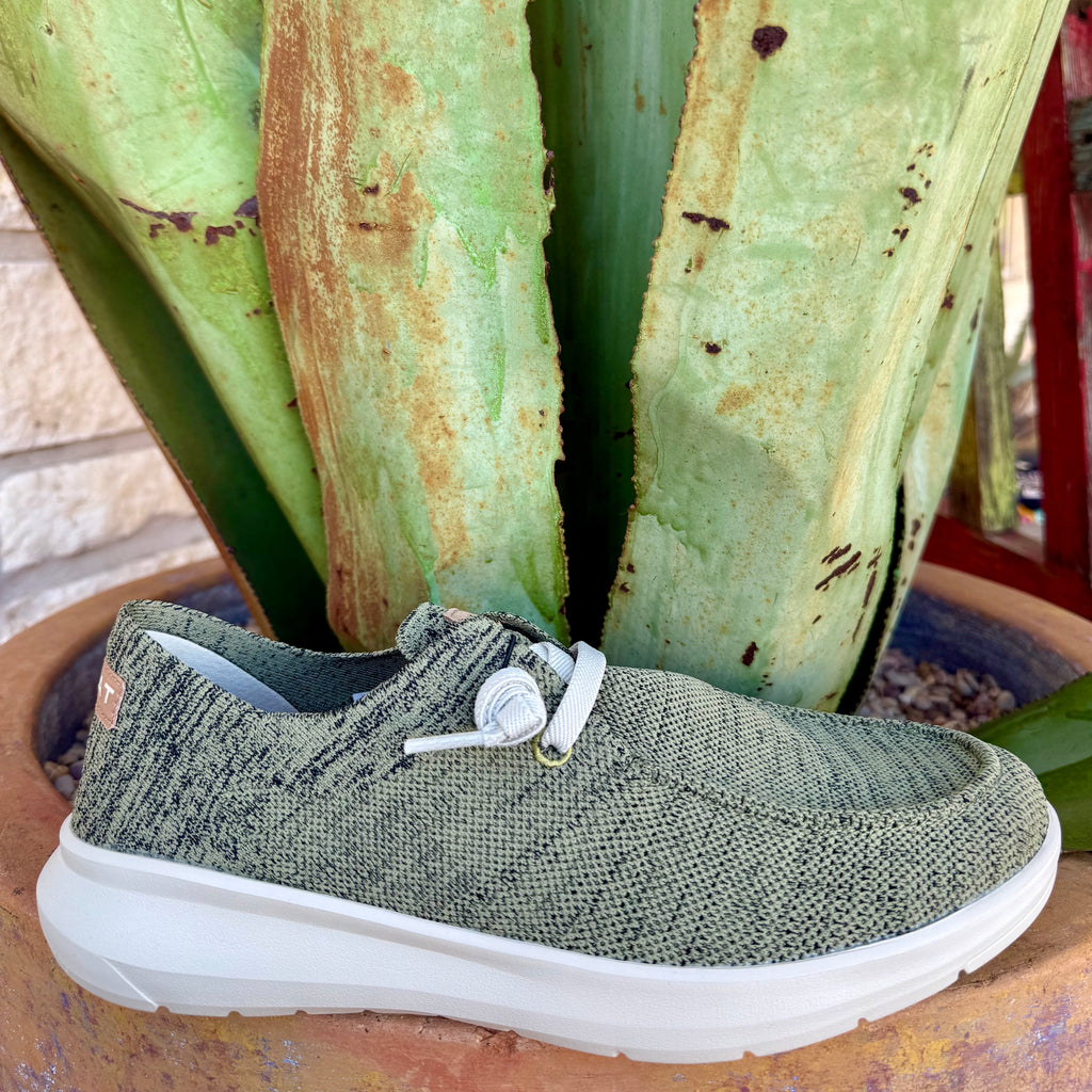 Men's Ariat casual shoe knit Hilo in olive green, featuring a breathable knit upper, with a cushioned insole for all-day support – 10064059. Available at Blair's Western Wear, Marble Falls, TX.