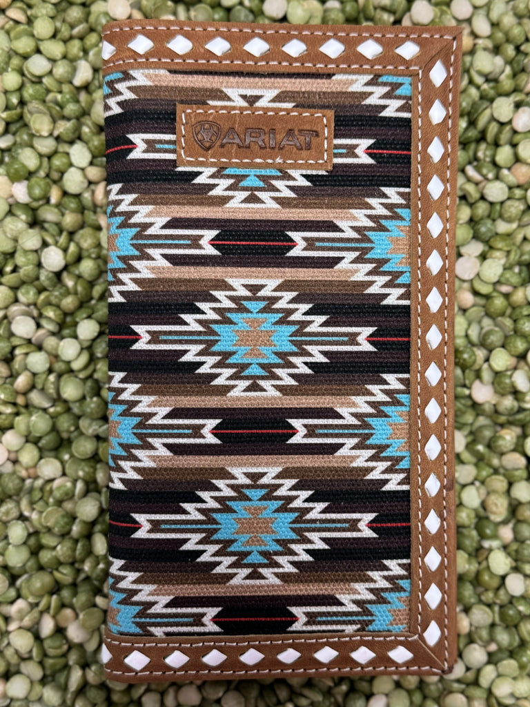 Men's Ariat Checkbook Wallet in brown with multicolor Aztec inlay, durable leather construction with card slots and clear ID window - A3559102. Available at Blair's Western Wear, Marble Falls, TX.