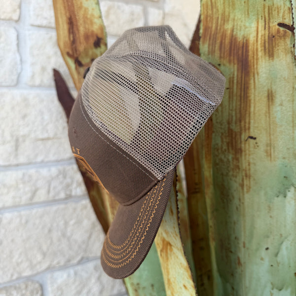 A brown and beige trucker-style cap with a mesh back