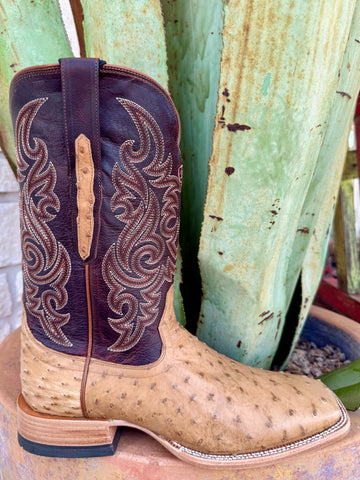 Men’s Ariat exotic western boot full-quill ostrich in tan with a chocolate shaft, featuring soft full-quill leather for long-term comfort and a TekStep outsole for added support – 10063774. Available at Blair’s Western Wear, Marble Falls, TX.