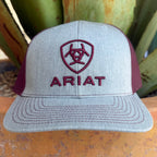 A light gray heather trucker hat with maroon mesh side panels and matching maroon embroidery featuring the Ariat   logo and the word ARIAT,