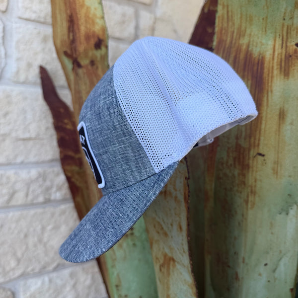 A two-tone trucker cap with a heather gray brim and side panel, and a white mesh back,
