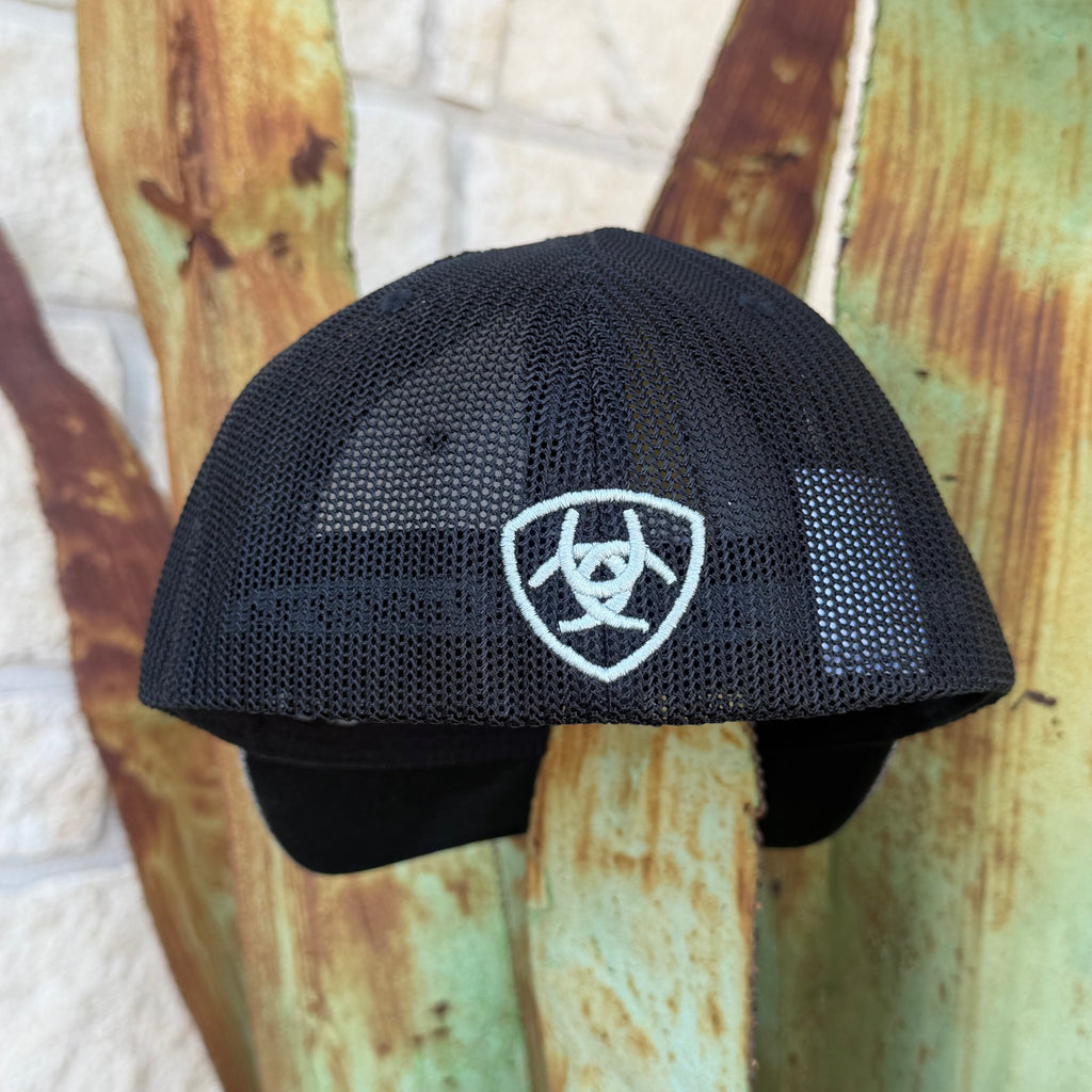 A black mesh trucker-style cap with a white shield logo