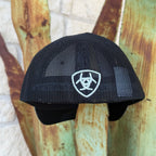 A black mesh trucker-style cap with a white shield logo