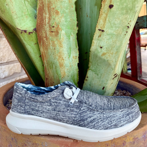 Men’s Ariat Hilo casual shoe in washed grey denim, featuring a lightweight FLX Foam™ sole, with a breathable cushioned insole – 10061211. Available at Blair's Western Wear, Marble Falls, TX.