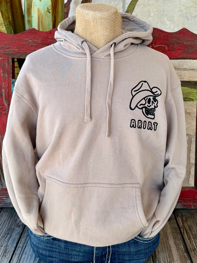 Men’s Ariat hoodie in taupe with cowboy skeleton graphic, featuring soft cotton-blend fleece for warmth, adjustable hood for comfort - 10062502. Available at Blair's Western Wear, Marble Falls, TX.