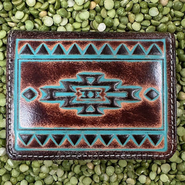Brown & Turquoise Men's Ariat Leather Aztec Bifold Wallet - A3560102