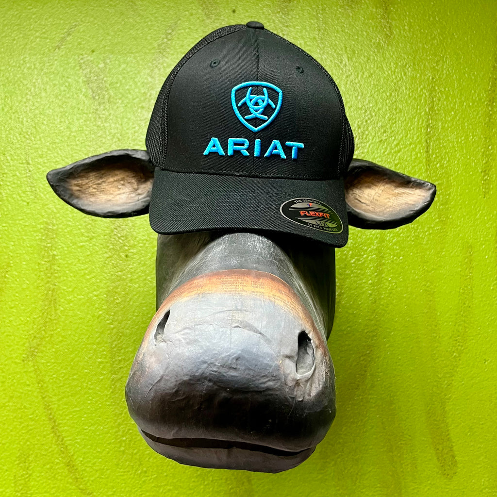 Men's Ariat Logo Mesh FlexFit Cap in Black, FlexFit stretch band for a secure fit, with breathable mesh back panels for ventilation - 1502301. Available at Blair's Western Wear, Marble Falls, TX.