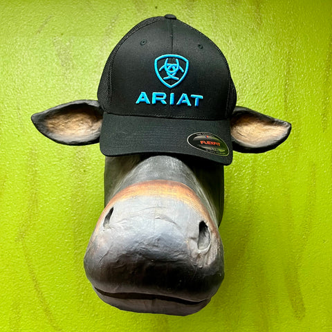 Men's Ariat Logo Mesh FlexFit Cap in Black, FlexFit stretch band for a secure fit, with breathable mesh back panels for ventilation - 1502301. Available at Blair's Western Wear, Marble Falls, TX.