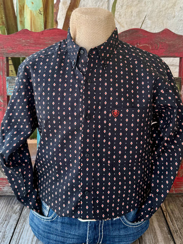 Men’s Ariat long sleeve button-down Aztec print shirt in black, crafted from soft cotton for comfort, with a classic collar and chest pocket featuring the Ariat logo - 10062182. Available at Blair's Western Wear, Marble Falls, TX.