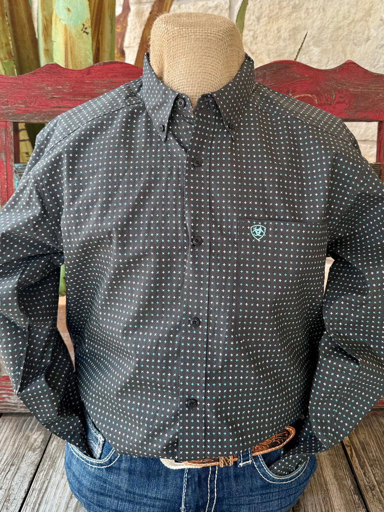 Men’s Ariat long sleeve button-down Belmont cross print shirt in black, made with breathable cotton fabric, with a chest pocket featuring embroidered Ariat logo - 10062207. Available at Blair's Western Wear, Marble Falls, TX.