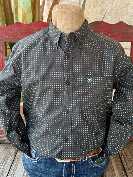 Men’s Ariat long sleeve button-down Belmont cross print shirt in black, made with breathable cotton fabric, with a chest pocket featuring embroidered Ariat logo - 10062207. Available at Blair's Western Wear, Marble Falls, TX.