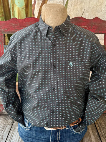 Men’s Ariat long sleeve button-down Belmont cross print shirt in black, made with breathable cotton fabric, with a chest pocket featuring embroidered Ariat logo - 10062207. Available at Blair's Western Wear, Marble Falls, TX.
