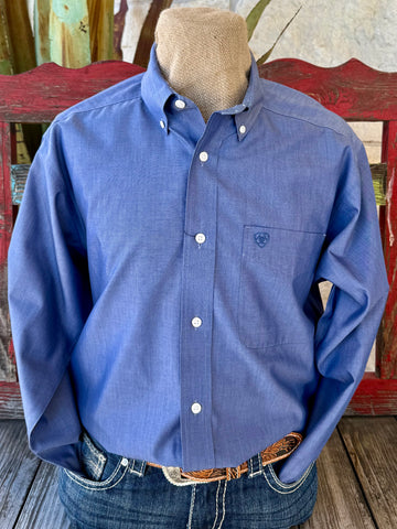 Men’s Ariat long sleeve button-down solid shirt in blue, breathable lightweight cotton for all-day comfort, with a classic button-down collar for versatile wear – 10065842. Available at Blair's Western Wear, Marble Falls, TX.