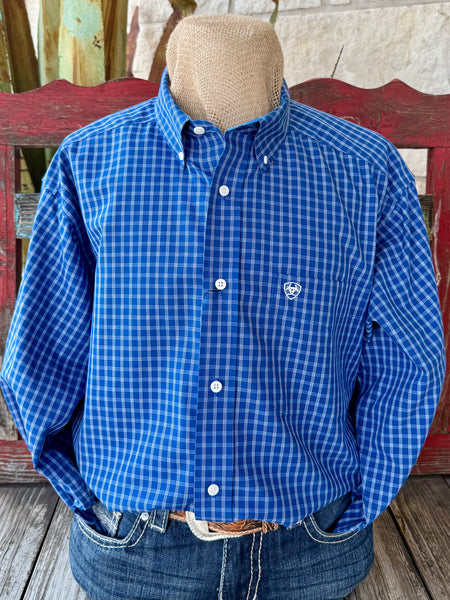 Men’s Ariat long sleeve button-down check shirt in blue and white, featuring a breathable cotton blend for comfort, with Ariat logo embroidery on the chest pocket - 10054724. Available at Blair's Western Wear, Marble Falls, TX.