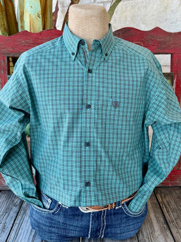 Men’s Ariat long sleeve button-down check shirt in turquoise and black, made from breathable cotton, with embroidered logo chest pocket and adjustable cuffs – 10062173. Available at Blair’s Western Wear, Marble Falls, TX.