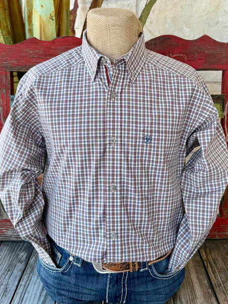 Men’s Ariat long sleeve button-down check shirt in white, light blue, and rust, built with Greater Arm Mobility™ for unrestricted movement, with moisture-wicking fabric for all-day comfort – 10062189. Available at Blair’s Western Wear, Marble Falls, TX.