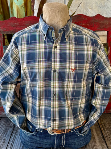 Men’s Ariat long sleeve button-down plaid shirt in teal, navy, and green, lightweight cotton blend for breathable comfort, with button-down collar and embroidered chest logo – 10065800. Available at Blair's Western Wear, Marble Falls, TX.