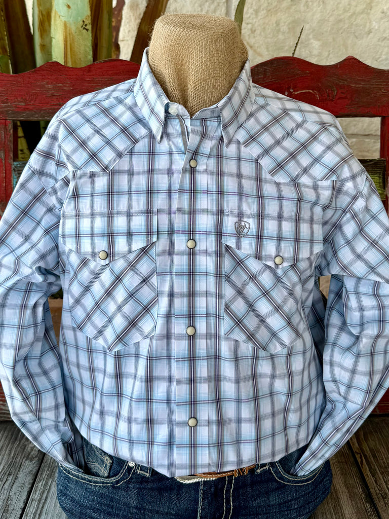 Men’s Ariat long sleeve button-down plaid shirt in white, light blue, and purple, breathable cotton blend for comfort, with pearl snap closure and double front pockets - 10058755. Available at Blair's Western Wear, Marble Falls, TX.