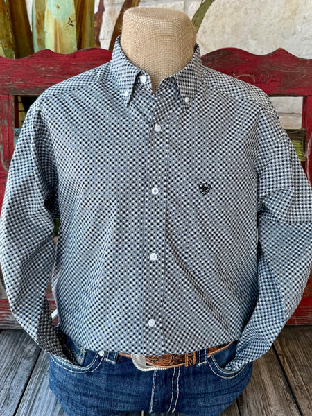 Men’s Ariat long sleeve button-down print shirt in black, white, and grey, made from 100% breathable cotton, with adjustable cuffs for easy fit – 10065854. Available at Blair’s Western Wear, Marble Falls, TX.