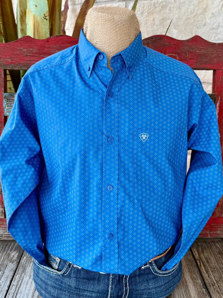 Men’s Ariat long sleeve button-down print shirt in blue, made from breathable cotton fabric, with a chest pocket featuring an embroidered Ariat logo - 10062238. Available at Blair's Western Wear, Marble Falls, TX.
