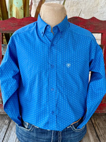 Men’s Ariat long sleeve button-down print shirt in blue, made from breathable cotton fabric, with a chest pocket featuring an embroidered Ariat logo - 10062238. Available at Blair's Western Wear, Marble Falls, TX.