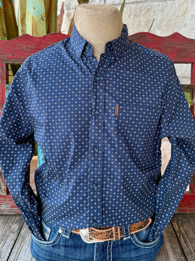 Men’s Ariat long sleeve button-down print shirt in navy, modern fit cut with stretch comfort, hidden pen slot for functionality – 10062219. Available at Blair's Western Wear, Marble Falls, TX.