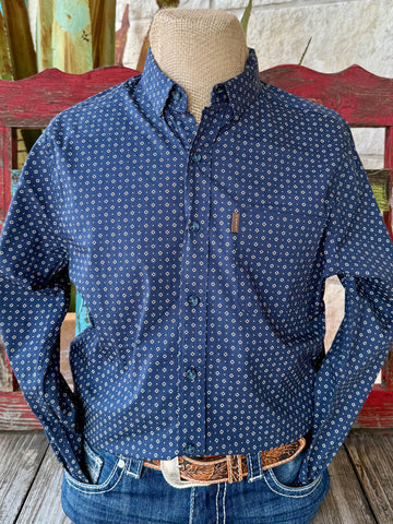 Men’s Ariat long sleeve button-down print shirt in navy, modern fit cut with stretch comfort, hidden pen slot for functionality – 10062219. Available at Blair's Western Wear, Marble Falls, TX.