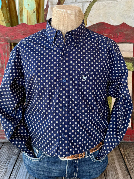Men’s Ariat long sleeve button-down print shirt in navy/tan, made from breathable 100% cotton for all-day comfort, with a classic fit and embroidered logo pocket – 10062241. Available at Blair’s Western Wear, Marble Falls, TX.