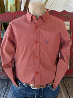 Men’s Ariat long sleeve button-down print shirt in rust, lightweight woven cotton for breathable all-day comfort, with a button-down collar that keeps a clean, polished look – 10065965. Available at Blair's Western Wear, Marble Falls, TX.