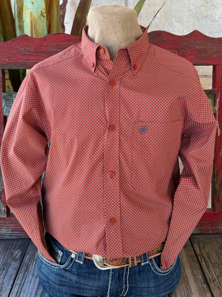 Men’s Ariat long sleeve button-down print shirt in rust, lightweight woven cotton for breathable all-day comfort, with a button-down collar that keeps a clean, polished look – 10065965. Available at Blair's Western Wear, Marble Falls, TX.