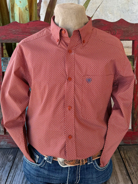 Men’s Ariat long sleeve button-down print shirt in rust, lightweight woven cotton for breathable all-day comfort, with a button-down collar that keeps a clean, polished look – 10065965. Available at Blair's Western Wear, Marble Falls, TX.