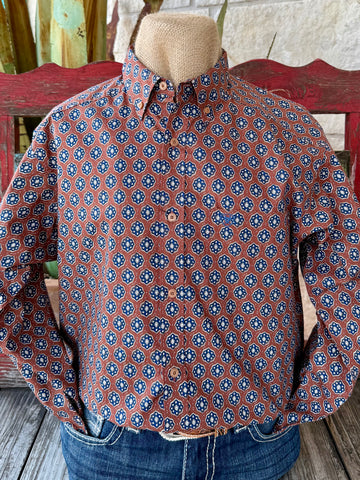 Men’s Ariat long sleeve button-down print shirt in rust and blue, made from breathable cotton for all-day comfort, with embroidered Ariat logo for authentic style - 10062239. Available at Blair's Western Wear, Marble Falls, TX.