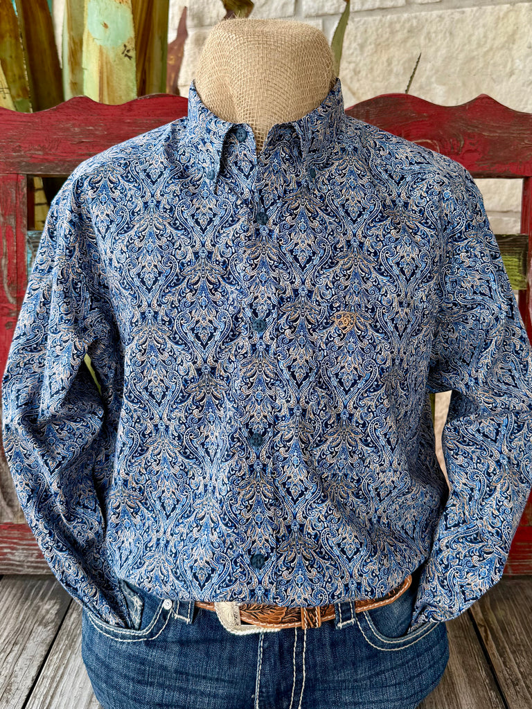 Men’s Ariat long sleeve button-down print shirt in tan and blue, made with breathable cotton fabric, with an embroidered Ariat chest logo for authentic western style - 10062237. Available at Blair's Western Wear, Marble Falls, TX.