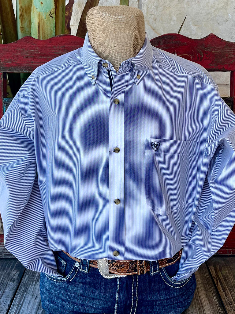 Men's Ariat long sleeve button-down shirt in white and navy stripe, with Greater Arm Mobility™ for comfort and MMT™ moisture-wicking fabric - 10055268. Available at Blair's Western Wear, Marble Falls, TX.
