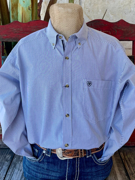 Men's Ariat long sleeve button-down shirt in white and navy stripe, with Greater Arm Mobility™ for comfort and MMT™ moisture-wicking fabric - 10055268. Available at Blair's Western Wear, Marble Falls, TX.