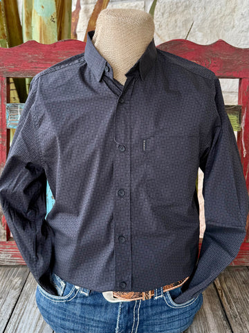 Men’s Ariat long sleeve button-down shirt in black square print, crafted from breathable cotton for all-day comfort, with a button-down collar for a polished look - 10062216. Available at Blair's Western Wear, Marble Falls, TX.