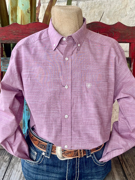 Men's Ariat Long Sleeve Button-Down Shirt in Heather Brick, featuring classic fit with extended length and Greater Arm Mobility™ technology – 10055117. Available at Blair's Western Wear, Marble Falls, TX.